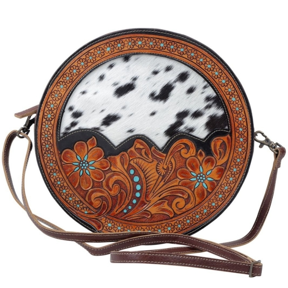 NWT Myra Bag Round Leather Hairon Cowhide Tooled Crossbody Shoulder Bag - Picture 3 of 13